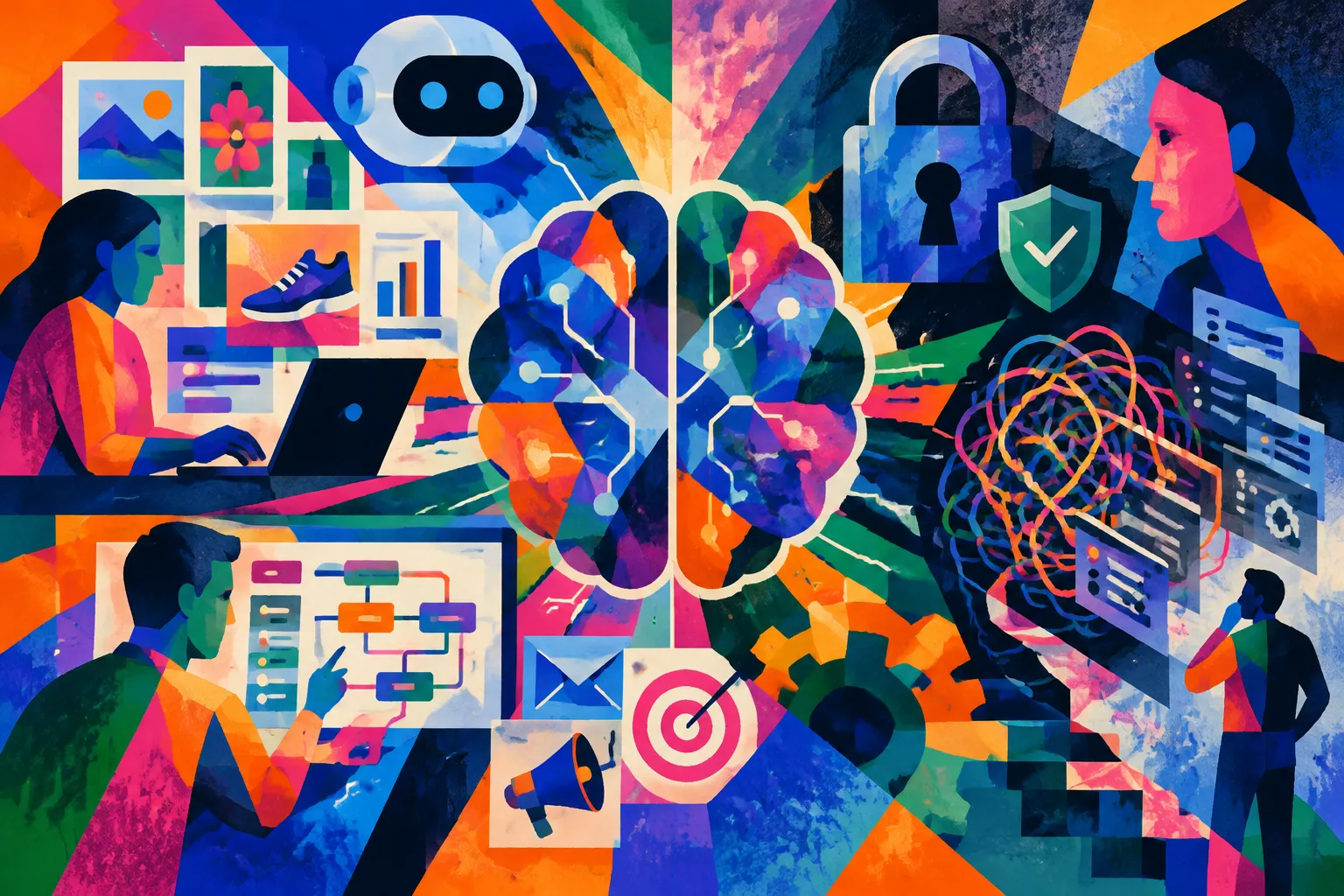 Ilustración conceptual generada con IA para «Informe Digiday+: los especialistas en marketing integran IA en los flujos de trabajo, pero la confianza y la complejidad limitan la adopción».