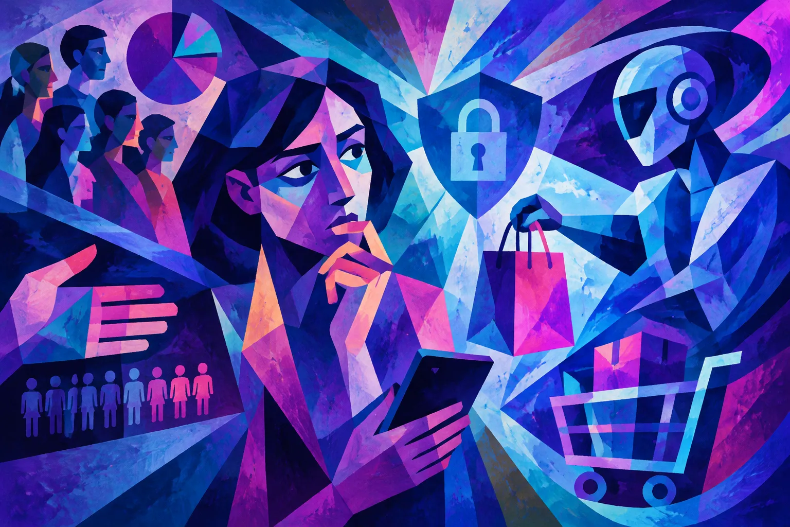 AI-generated conceptual illustration for “Surveys find few consumers trust agents to purchase on their behalf”.