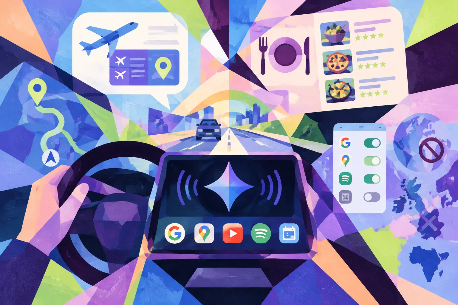 Ilustración conceptual generada con IA para «Google lanza Gemini Inteligencia Personal en Android Auto».